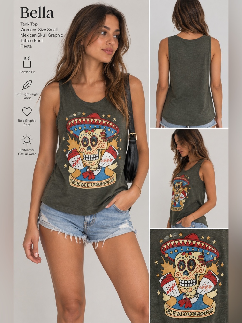 Bella Olive Graphic Tank Womens Size Small with Multicolor Fiesta Skull graphic